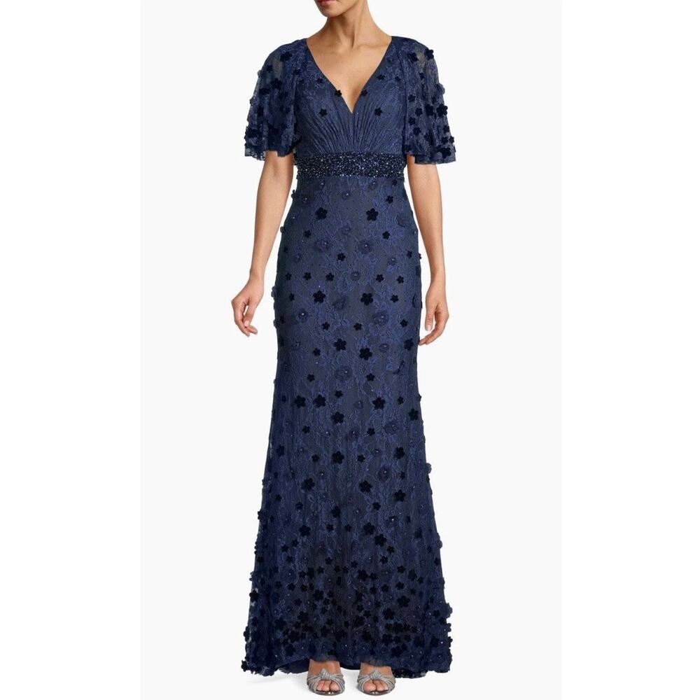 Mac Duggal Embellished Blue Maxi Gown Dress sz 4 Floral Cape style sleeve 67712 - Picture 7 of 8